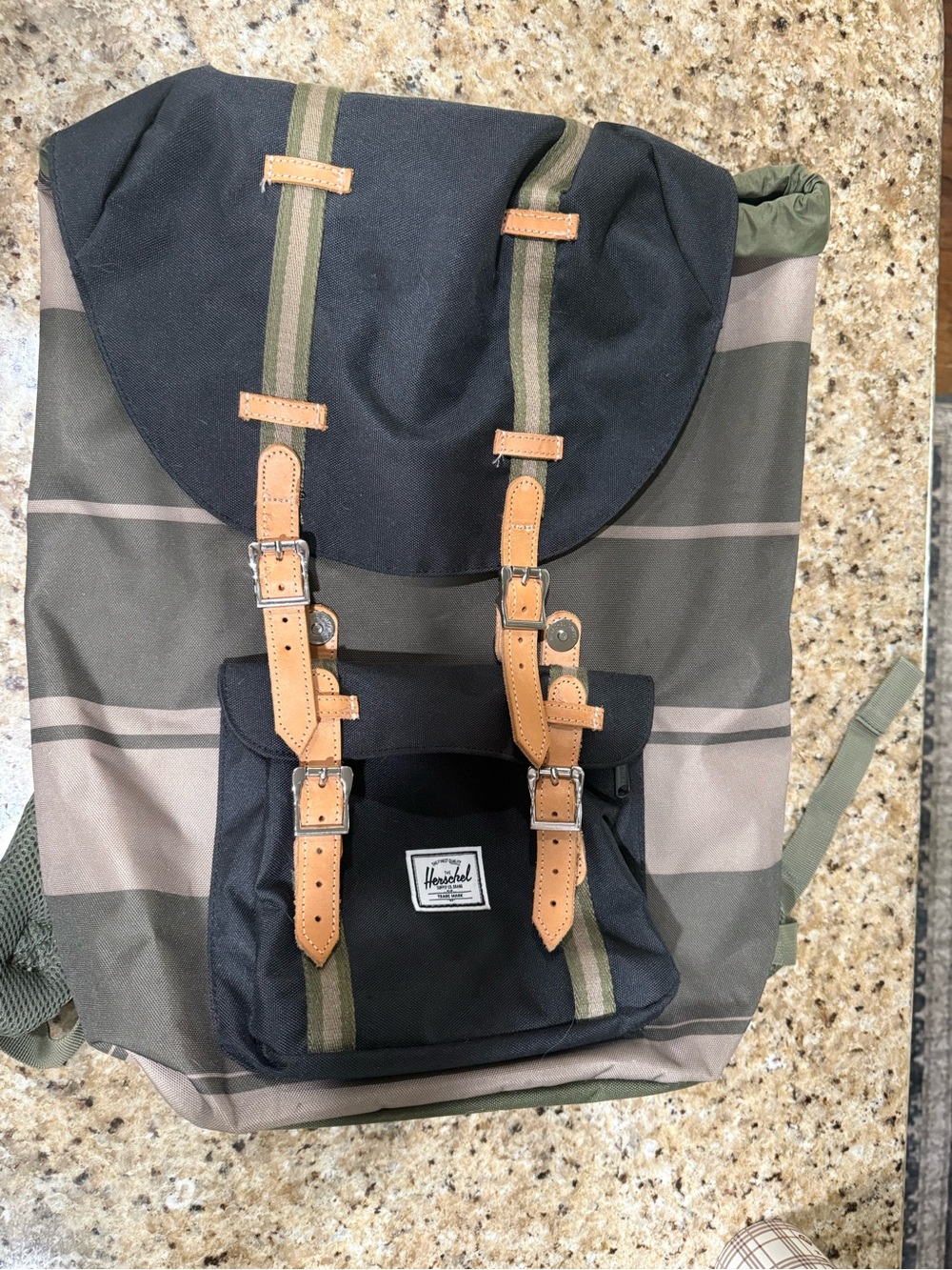Herschel Supply Company Black and Olive Canvas Backpack with Tan Straps